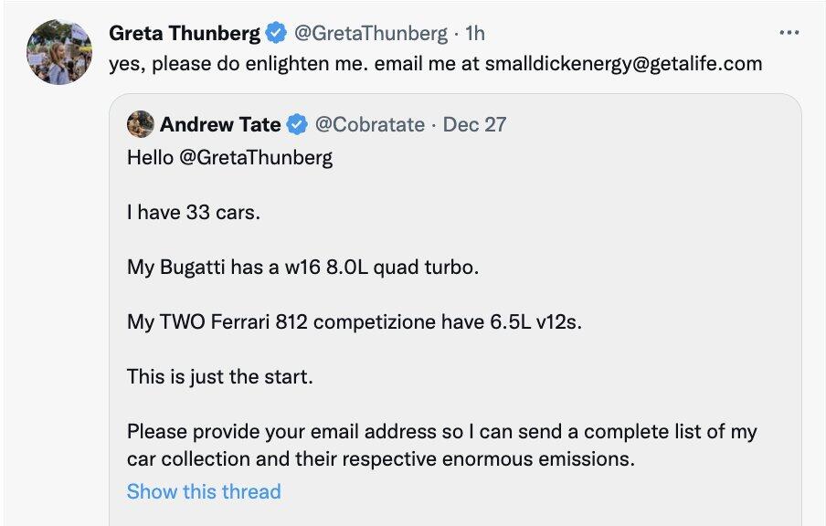 Greta Thunberg - Andrew Tate tweet thread